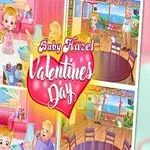 Dítě s blond vlasy v růžových šatech drží srdce, vedle ní je text Valentines Day na růžovém pozadí s kreslenými výjevy pokoje v pozadí