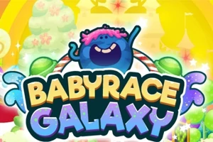 Barevná kreslená postava radující se nad textem BABYRACE GALAXY na veselém, duhovém pozadí