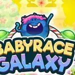 Barevná kreslená postava radující se nad textem BABYRACE GALAXY na veselém, duhovém pozadí