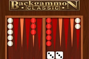 Hrací deska s červenými a bílými žetony, dvěma kostkami s hodnotami tři a pět, a nápisem Backgammon Classic nahoře