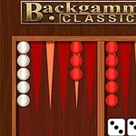Hrací deska s červenými a bílými žetony, dvěma kostkami s hodnotami tři a pět, a nápisem Backgammon Classic nahoře