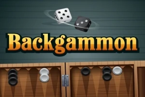 Dva hrací kostky nad nápisem Backgammon a spodní část hrací desky s černými a bílými kameny