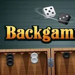 Dva hrací kostky nad nápisem Backgammon a spodní část hrací desky s černými a bílými kameny