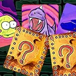 Ilustrace s pěti barevnými kartami, z nichž tři zobrazují karikaturní monstra a dvě mají velký otazník
