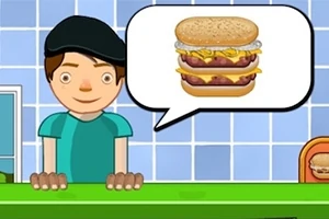 Postava s čepicí stojí za pultem a vedle ní je bublina s obrázkem hamburgeru