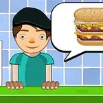 Postava s čepicí stojí za pultem a vedle ní je bublina s obrázkem hamburgeru