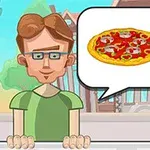 Muž s brýlemi v zeleném tričku stojí před obchodem a v bublině nad ním jsou obrázky pizzy a vrstveného sendviče