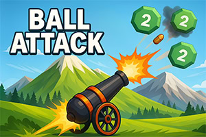 Dělo střílející na zelené kostky s číslem 2 před horskou krajinou a nápisem BALL ATTACK