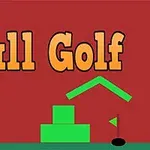 Text Ball Golf na červeném pozadí s grafikou zeleného hřiště a golfového míčku poblíž jamky