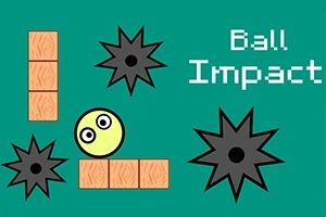 Kreslený obrázek ukazuje žlutý míč s očima mezi hnědými cihlami a černými hvězdicovitými tvary na zeleném pozadí s textem Ball Impact