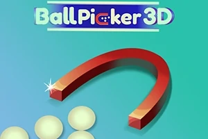 Název Ball Picker 3D nad červeným magnetem ve tvaru podkovy a několika bílými kuličkami na modrozeleném pozadí