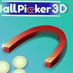 Název Ball Picker 3D nad červeným magnetem ve tvaru podkovy a několika bílými kuličkami na modrozeleném pozadí