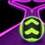 Záře růžových a fialových neonových linií s fluorescenčním zeleným a černým míčem uprostřed