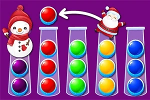 Sněhulák a Santa Claus mezi čtyřmi sloupci s různobarevnými kuličkami na fialovém pozadí