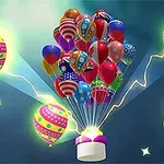 Barevné balónky různých vzorů zavěšené nad svítící základnou s motivem ruky a tlačítkem ve tvaru žárovky