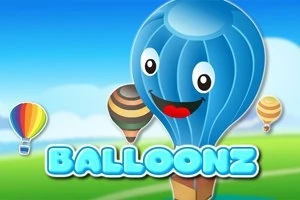 Modrý balón s veselým obličejem na pozadí s horkovzdušnými balóny a nápisem BALLOONZ