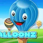 Modrý balón s veselým obličejem na pozadí s horkovzdušnými balóny a nápisem BALLOONZ