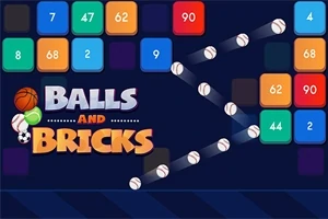 Barevné čtvercové bloky s čísly a odrážející se bílé míčky na tmavém pozadí s nápisem Balls and Bricks