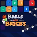Barevné čtvercové bloky s čísly a odrážející se bílé míčky na tmavém pozadí s nápisem Balls and Bricks
