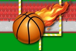 Basketbalový míč šlehající plameny letící přes brankovou konstrukci na stadionu