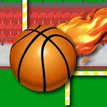 Basketbalový míč šlehající plameny letící přes brankovou konstrukci na stadionu