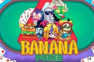 Karikatury postav v různých kostýmech na zeleném pozadí s nápisem Banana Poker