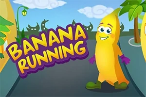 Banán s veselým výrazem v rukavicích stojí na cestě s nápisem Banana Running na pozadí městské scenérie