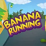 Banán s veselým výrazem v rukavicích stojí na cestě s nápisem Banana Running na pozadí městské scenérie