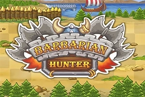 Logo s nápisem Barbarian Hunter v popředí, obklopené sekyrami a lesní krajinou s řekou a plachetnicí v pozadí