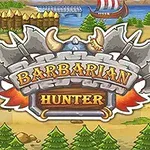 Logo s nápisem Barbarian Hunter v popředí, obklopené sekyrami a lesní krajinou s řekou a plachetnicí v pozadí