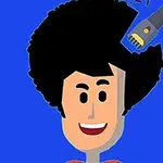Postava s úsměvem a velkým černým afrem, kterému je částečně ostříhané elektrickým strojkem