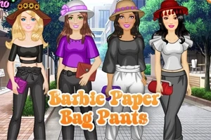 Čtyři postavy v módních outfitech a kloboucích stojí na ulici s nápisem Barbie Paper Bag Pants