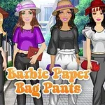 Čtyři postavy v módních outfitech a kloboucích stojí na ulici s nápisem Barbie Paper Bag Pants