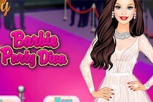 Elegantní postava v bílých šatech s dlouhými tmavými vlasy stojí na růžovém pozadí s nápisem Barbie Party Diva