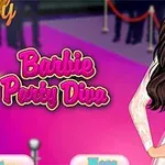 Elegantní postava v bílých šatech s dlouhými tmavými vlasy stojí na růžovém pozadí s nápisem Barbie Party Diva