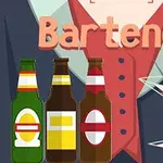 Ilustrace s nápisem Bartender, lahvemi nápojů a sklenicí na koktejly na pozadí obleku