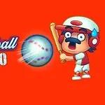 Kreslená postava v baseballové uniformě s pálkou a letící míček na oranžovém pozadí, text Baseball Hero