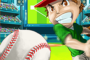Kreslený hráč baseballu v zeleném dresu, připraven udeřit do létajícího míče na stadionu