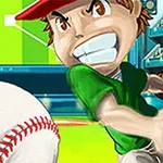 Kreslený hráč baseballu v zeleném dresu, připraven udeřit do létajícího míče na stadionu