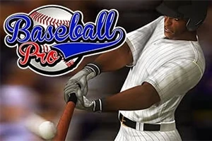 Baseballový hráč v bílé pruhované uniformě s helmou odpaluje míček; text Baseball Pro vedle něj