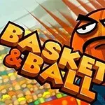 Usměvavý basketbalový míč s obličejem a nápisem Basket & Ball na pozadí stadionu s publikem
