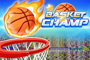 Hořící basketbalový míč nad obroučkou s textem Basket Champ na pozadí