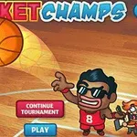 Dva kreslení sportovci na basketbalovém hřišti se pohybují kolem míče, který letí do koše, s textovými tlačítky Continue Tournament a Play