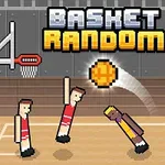 Dvě pixelové postavičky v basketbalovém souboji s koši a oranžovým míčem uprostřed tělocvičny
