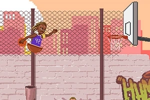 Pixelová grafika zobrazující osobu ve fialovém dresu číslo 42, jak skáče s basketbalovým míčem u plotu a basketbalového koše na pozadí městské scenérie při západu slunce