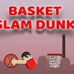 Kreslená postava drží basketbalový míč vedle basketbalového koše na pastelově růžovém pozadí s nápisem Basket Slam Dunk