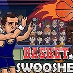 Dva kreslení basketbalisté hrající s ohnivým míčem před diváky s nápisem Basket Swooshes v popředí