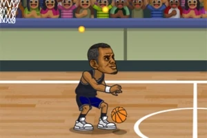 Animovaná postava basketbalisty driblujícího s míčem na hřišti před nadšeným publikem