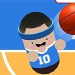 Postavička v modrém dresu a čelence hází basketbalový míč do koše na hřišti