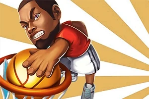 Kreslená postava v červeném tričku smečuje basketbalový míč do koše na zářivém paprskovitém pozadí